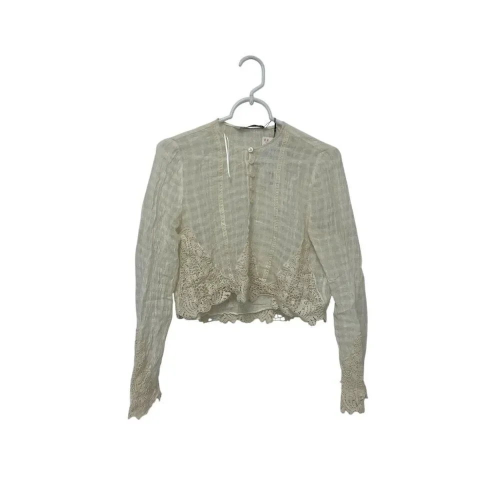 Zara Womens Top M Ivory Crochet Long Sleeve Cropped Blouse Cotton 3440/244 NWT